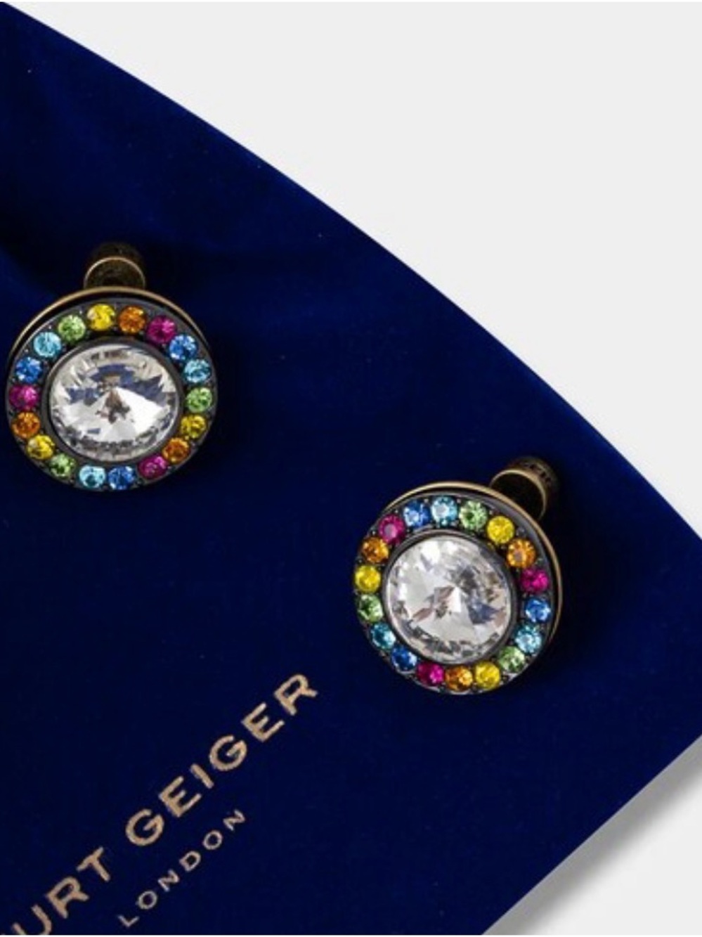 New Kurt Geiger Multicolor Crystal Circle Stud Earrings with Clear Center
